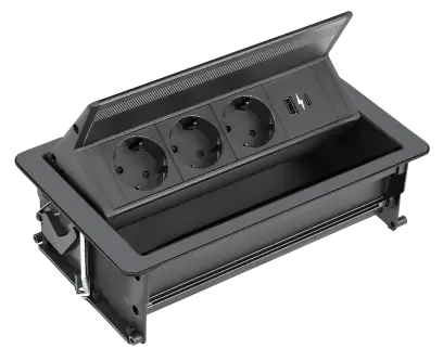 MCV 3E1U černé / Výklopné multimediální centrum, černé, 4-zásuvkové (3 zásuvky, 1USB/ USB-c)